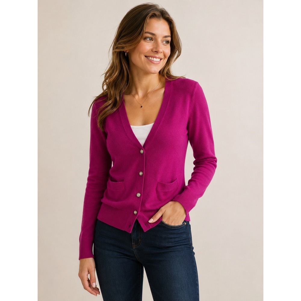 J.Crew Womens Magenta Pink 100% Merino Wool Jeweled Button Cardigan 99545 XS